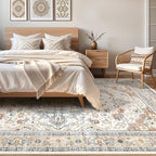 8x10 Area Rugs Living Room: Washable Boho Large Neutral Vintage Soft Rug Stain Resistant Distressed Farmhouse Non-Slip Indoor Floor Carpet for Bedroom Nursery Kids Office Dining Room- Beige Blue