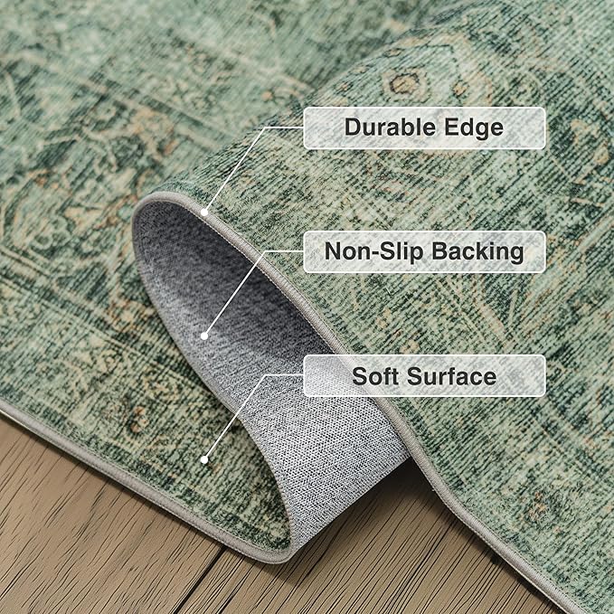 Fmfunctex 2x6 Runner Rug Green Vintage Neutral Washable Distressed Oriental Non Slip Low Pile Indoor Carpet Retro Hallway Entryway Rug for Kitchen Living Room Bedroom Bathroom Laundry Entrance Bedside