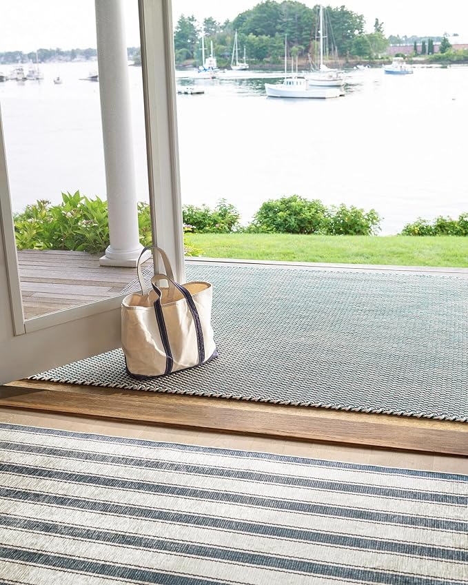 Dash & Albert Awning Stripe Blue Machine Washable Rug, 5 X 8 Feet, Blue Stripe Pattern