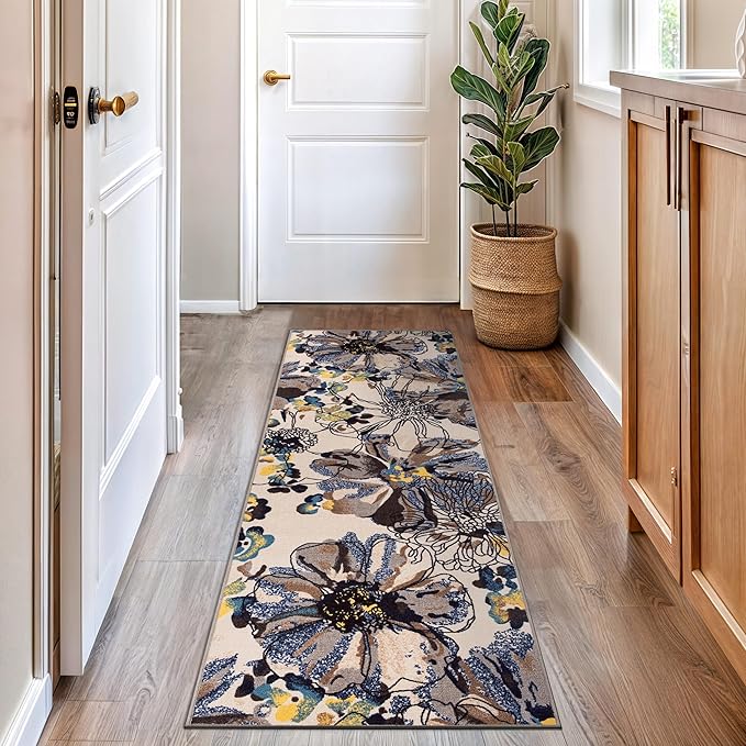 Rugshop Cream Bright Flowers Non Slip Non-Shedding Runner Rug for Hallway, Kitchen and Laundry Room, 2'7" x 8'