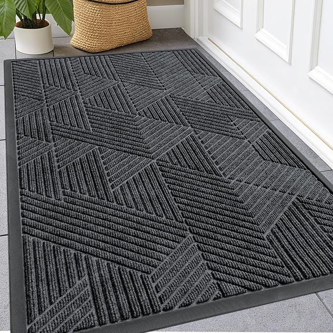 Kitinjoy Front Door Mat Outside Entrance, Sturdy Natural Dirt Trapper, Heavy Duty Rubber Doormat, Low Profile Non-Slip Backing, Easy Clean Floor Mat for Indoor Outdoor Entry, 47X32 Inch, Grey
