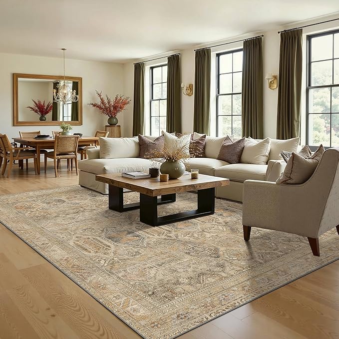 Bavni Washable Rug 9x12 Area Rug for Living Room Bedroom Dining, Washable Vintage Print Carpet, Ultra-Thin Chenille Low Pile Lightweight Rug with Non Slip Backing, Wood