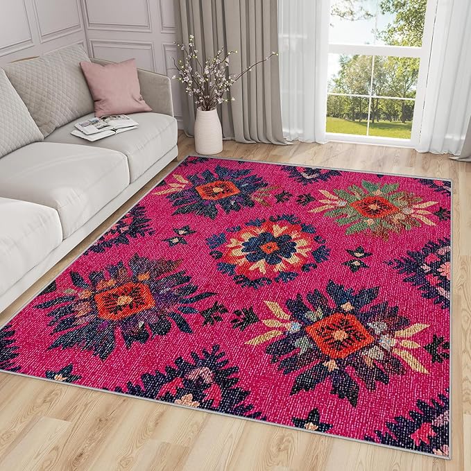 Southwestern Large Area Rug - 7x10 Rug - Ethnic Vintage Floral Medallion Rugs for Living Room Non Slip Low Pile Machine Washable Area Rugs, Southwestern Carpets Home Decor & Gifts