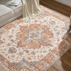jinchan Area Rug 5x7 Vintage Washable Bedroom Rug Floral Medallion Lightweight Non Slip Thin Retro Classic Soft Boho Floor Cover Farmhouse Carpet for Living Room Dining Room Kitchen Brick Red
