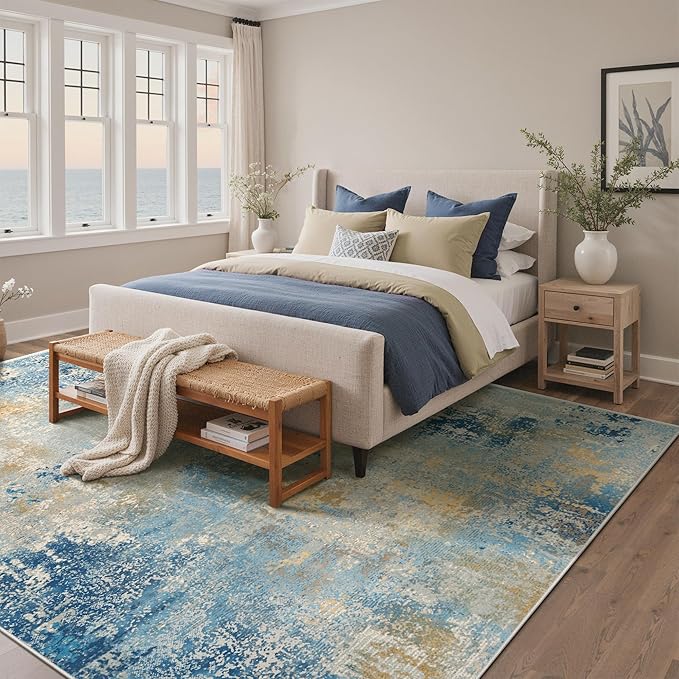8x10 Area Rugs Washable Blue Rug for Living Room Bedroom, Abstract Modern Large Rug Non Slip, Water Repellent Low Pile Soft Carpet for Dining Room, Blue Ivory