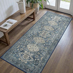 Bavni Washable Runner Rug 2x5, Non Slip Vintage Hallway Runner, Ultra Thin Low Pile Washable Carpet for Kitchen Entryway Bedroom, Blue
