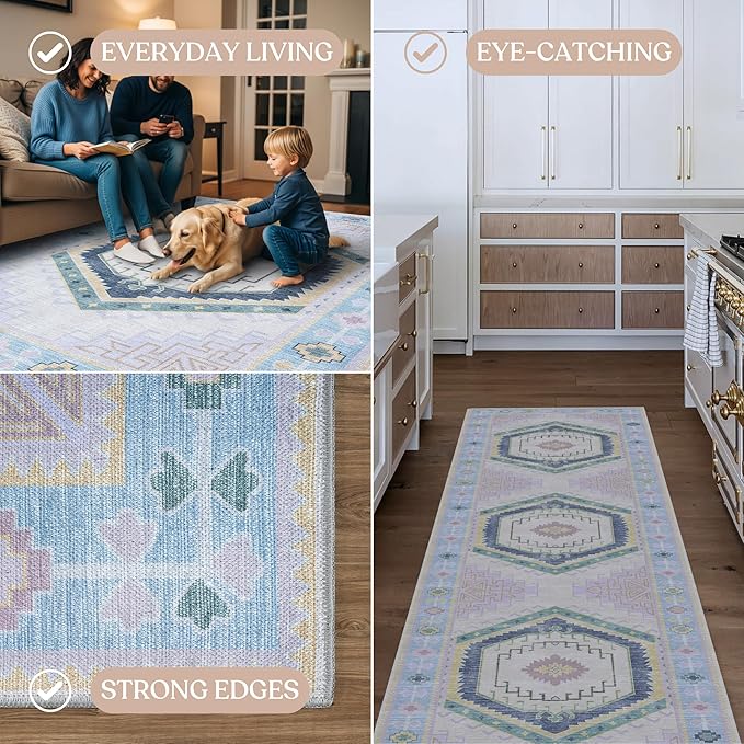 Fame Living Washable Area Rug. Modern Farmhouse. Vintage. Turkish. Bohemian. Distressed. Oriental. Traditional. Rugs for Living Room. Dining. Bedroom. Office. Entryway. Foyer. (856PBl, 9' x 12')