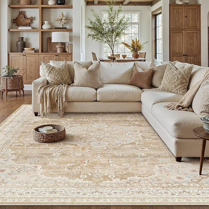 HUGEAR Machine Washable Area Rugs 5x7 Vintage Beige Brown Living Room Bedroom Rug Neutral Style Non Slip Stain Resistant Low Pile Throw Carpet for Home Retro Aesthetic Modern Decor
