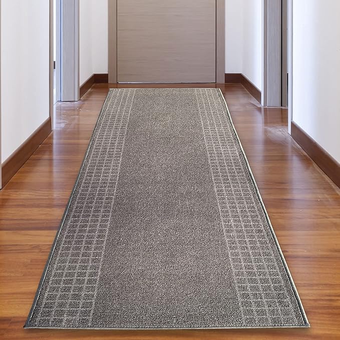 Custom Made Runner Rug for Kitchen Foyer Hallway Entry Choose Your Length 26 Inch Wide Geometric Checkered Design Grey Color (7 feet x 26 inch)