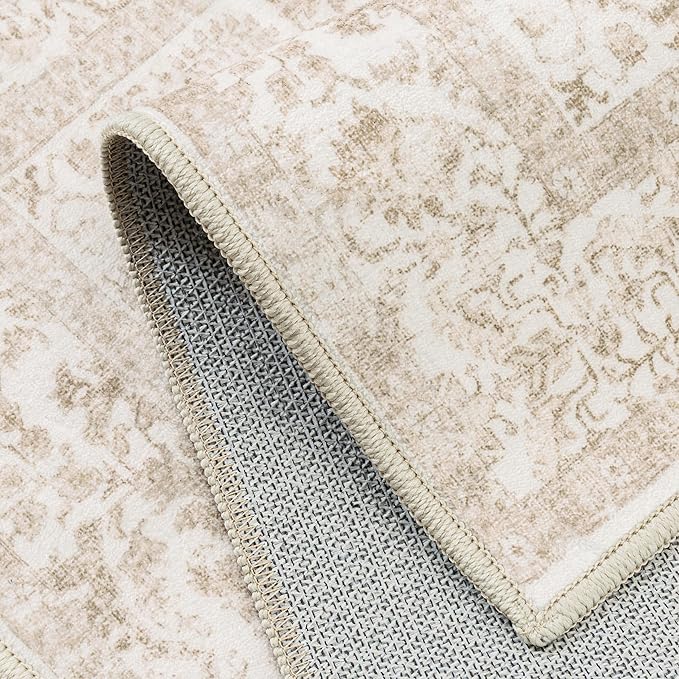 Beige Area Rug 8x10 Machine Washable Large Vintage Living Room Distressed Non Slip Carpet Traditional Indoor Bedroom Retro Floral Accent Throw Rug for Office Kitchen Dining Room