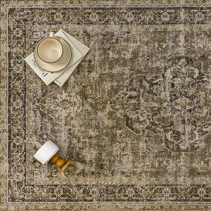 Entryway Area Rug 3x5 Washable Brown Vintage Distressed Carpet Oriental Soft Thin Indoor Rug for Office Non Slip Low Pile Throw Rug for Kitchen Bathroom Bedroom Dining Living Room