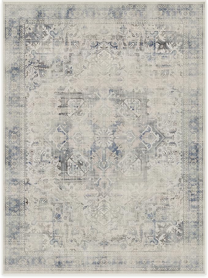 RUGGABLE Washable Vintage Area Rug – Kamran Blue Quartz 9x12, Stain-Resistant, Non-Slip – Large Machine Washable Rugs for Living Room, Bedroom, Hallway, Entryway & Office–with Standard Pad