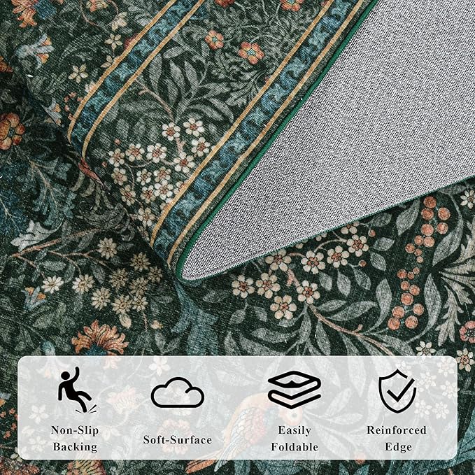 8x10 Floral Washable Area Rug for Living Room, Vintage Boho Large Rugs for Bedroom Dining Room, Botanical Birds Non Slip Low Pile Forest Throw Carpet for Farmhouse Office, Retro Green/Blue