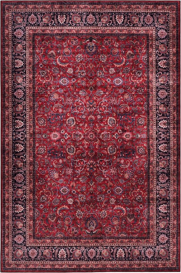 GLN Rugs Traditional Collection - Machine Washable Area Rug, Traditional Washable, Non Slip, Low Pile Chenille Rug, Living Room, Bedroom, Kitchen Rug (8' x 10' Dark Red)