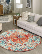 Lahome Bohemian Floral Medallion Round Rug - 4Ft Soft Bedroom Area Rug Oriental Distressed Washable Entryway Foyer Throw Mat Non-Slip Door Carpet for Dining Living Room Bedside Nursery, Orange/Multi