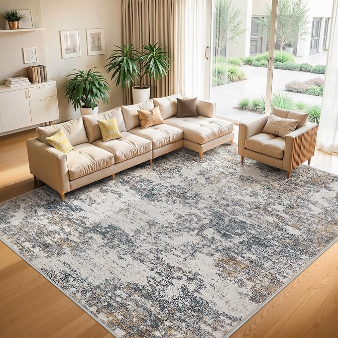 7x9 Washable Area Rugs - Modern Abstract Rugs for Living Room Non-Slip Low Pile Soft Machine Washable Carpet for Bedroom, Dining Room, Nursery, Home Office, Farmhouse (7'x9' Tan Blue)