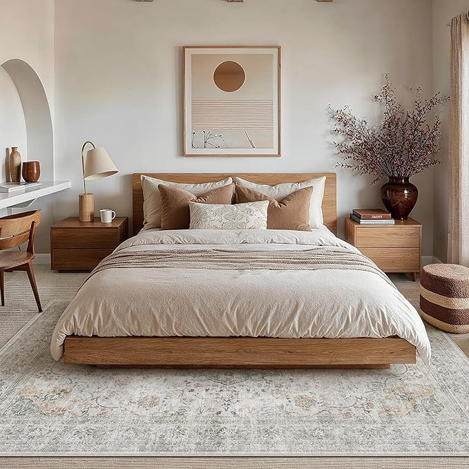 5x7 Washable Vintage Area Rug for Living Room Bedroom Soft Tranditional Non Slip Large Throw Rug Lightweight Floral Low Pile Distressed Carpet Laundry Dining Room Kitchen Office