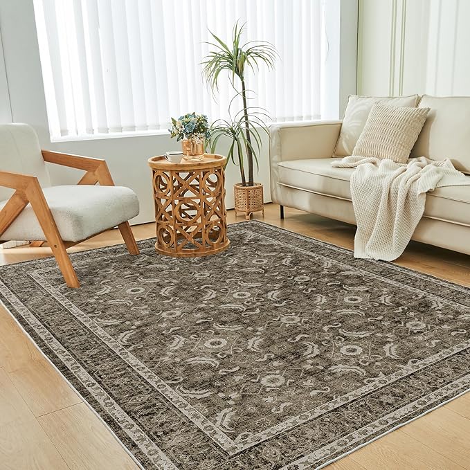 WITSHOCK Living Room Area Rugs 5x7: Soft Non-Slip Backing Washable Rugs Vintage Large Carpet for Bedroom Office Dining Room Kitchen Stain Resistant Home Decor Rug, Dark Brown