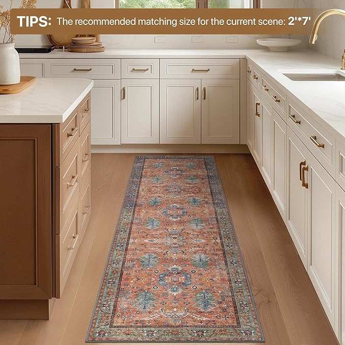 Bavni Runner Rug, Machine Washable Rugs for Bedroom 2x5, Non Slip Boho Rugs with Rubber Backing, Ultra-Thin Folable Rug Runner for Hallways Bathroom, Terracotta/Blue
