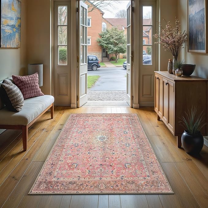 GLN Rugs Traditional Collection - Machine Washable Area Rug, Traditional Washable, Non Slip, Low Pile Chenille Rug, Living Room, Bedroom, Kitchen Rug (2'6" x 7' Pink/Cream)