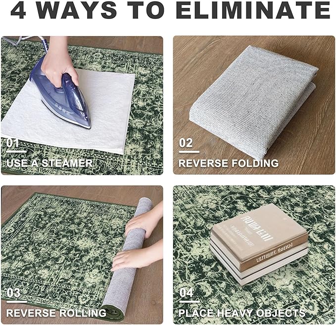 KILOCOCO Area Rug 3x5 Entryway Rug Washable Printed Vintage Floral Rubber Backed Non Slip Indoor Kitchen Rugs for Living Room Laundry Room Playroom Mudroom Moroccan Area Rugs, Green