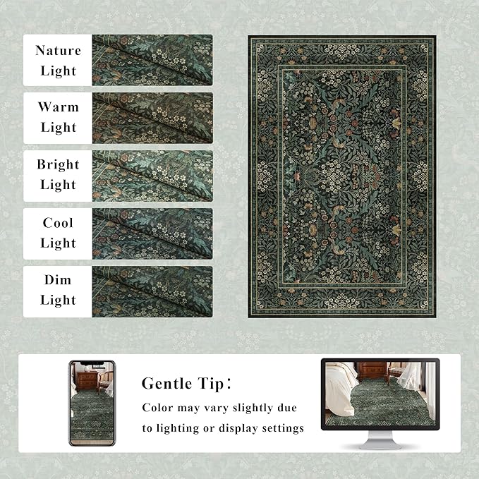 2x3 Floral Washable Area Rug for Living Room, Vintage Boho Rug for Bedroom Dining Room， Distressed Botanical Birds Non Slip Low Pile Forest Animal Throw Carpet for Farmhouse Office, Dark Green