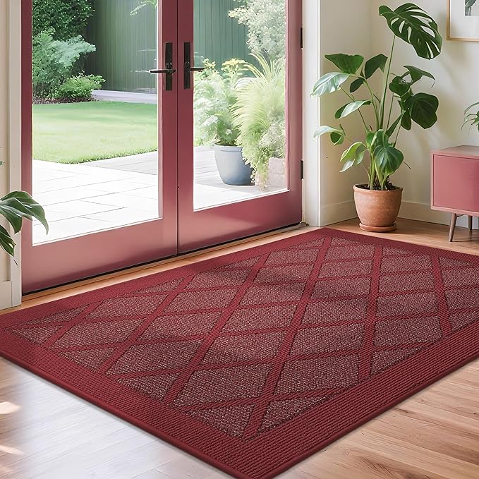 COSY HOMEER Non-Slip Door Mat 36"x60", Entryway Rugs Low Profile Absorbent Dirt Trapper Doormat for Front Entrance, Washable Polypropylene Entry Mat (Red)