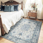 Area Rugs 5'x7' Washable Non-Slip, Floral Vintage Distress Print Pattern Medallion Carpet for Living Room Bedroom Dining Room, Light Blue Navy Beige Gray White