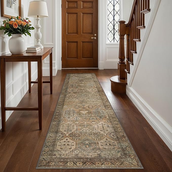 Bavni Runner Rug 3x7 Kitchen Rugs for Hallways Entryway, Washable Vintage Print Carpet, Ultra-Thin Chenille Low Pile Lightweight Rug with Non Slip Backing, Warm Taupe