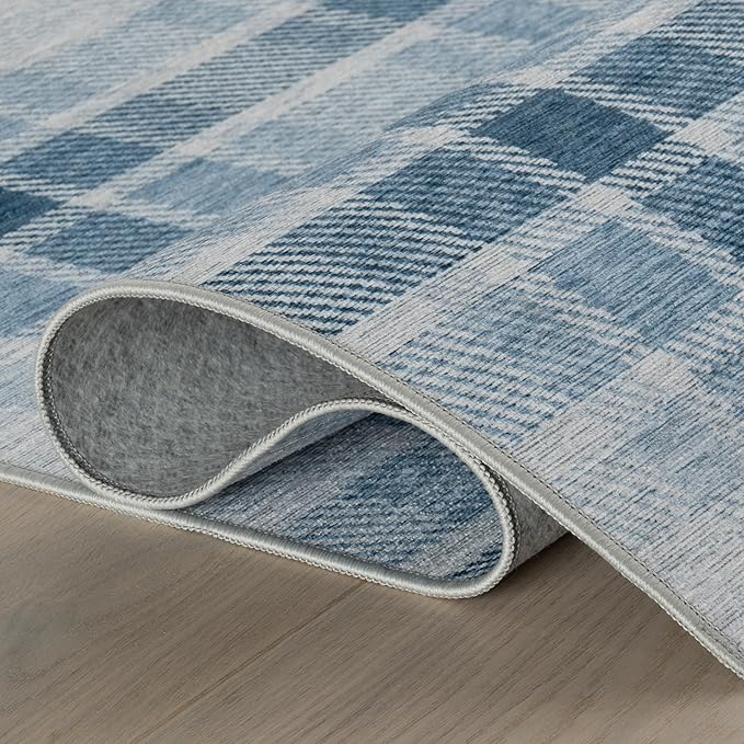 Dash & Albert Andri Plaid Blue Machine Washable Rug, 6 X 9 Feet, Blue/White Plaid Pattern