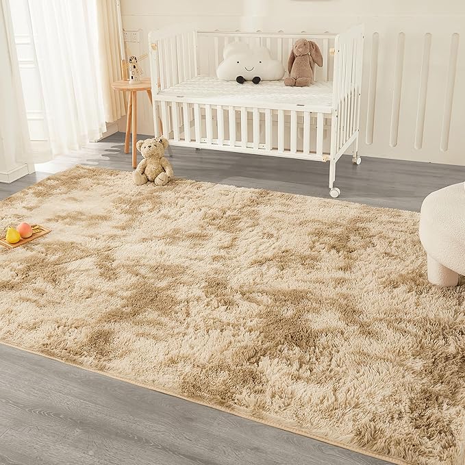 Andency 8x10 Area Rugs for Living Room, Upgrade Non-Slip Fluffy Soft Large Shag Bedroom Carpet, Tie-Dyed Khaki Big Indoor Thick Nursery Rug for Kids Dorm Home Decor Aesthetic