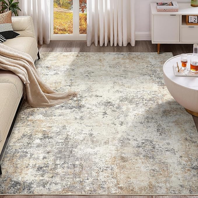 5x7 Area Rug Living Room Rugs - Washable Neutral Modern Abstract Soft Thin Large Rug Indoor Floor No Slip Rug Carpet for Bedroom Under Dining Table Home Office Decor - Golden Grey