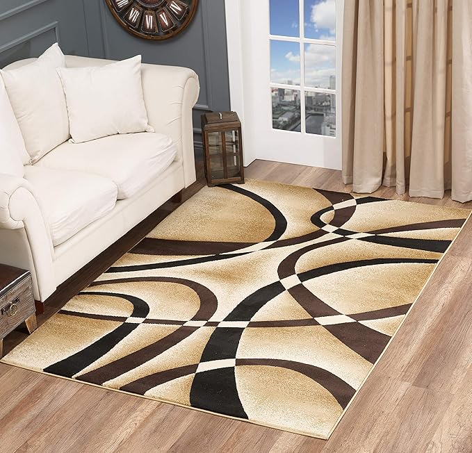 GLORY RUGS Modern Area Rug 4x6 Beige Swirls Carpet Bedroom Living Room Contemporary Dining Accent Sevilla Collection 4816A (Brown)