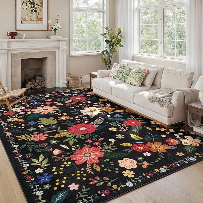 Living Room Rug 8x10 Rug Machine Washable Boho Area Rug Non Slip Floral Vintage Low Pile Large Rugs for Living Room, Bedroom, Farmhouse, Dining Room (Black)