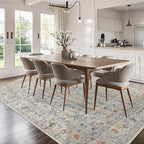 Washable Living Room Rug: 10x14 Boho Floral Soft Area Rug for Bedroom Decor - Vintage Low Pile Thin Carpet for Dining Room Non-Slip - Farmhouse Stain Resistant Rugs - Beige Blue