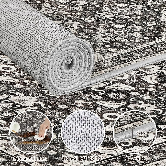 WITSHOCK Washable 2x4 Entryway Area Rug: Soft Non-Slip Backing Washable Rugs Vintage Flower Boho Accent Small Rugs for Bedroom, Kitchen, Bathroom, Nursery Entrance,Black
