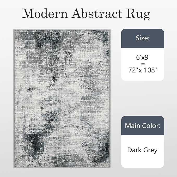 6x9 Washable Area Rugs - Modern Abstract Rugs for Living Room Non-Slip Low Pile Soft Machine Washable Carpet for Bedroom, Dining Room, Nursery, Home Office, Farmhouse (6'x9' Dark Grey)