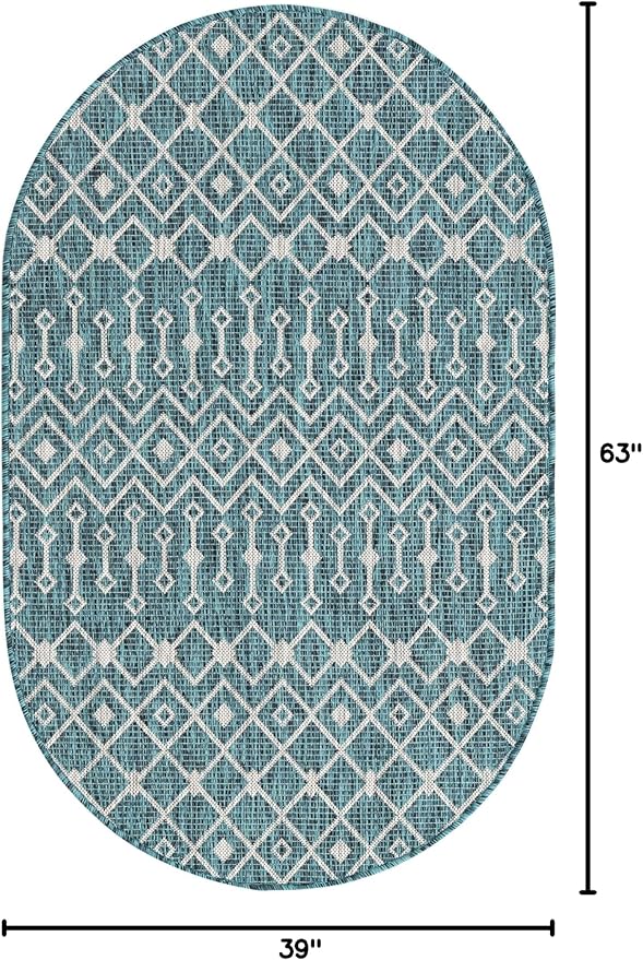 Unique Loom Outdoor Trellis Collection Area Rug - Tribal Trellis (3' 3" x 5' 3" Oval, Teal/ Ivory)
