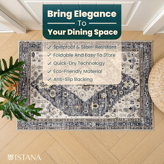Istana 2x3 Rug - Dark Grey Blue/Rose Mauve Bedroom Rug - Kid & Pet Friendly 2x3 Washable Rug Non Slip - Rubber Backed Rugs - Foldable Eco Friendly Materials for Small Rugs
