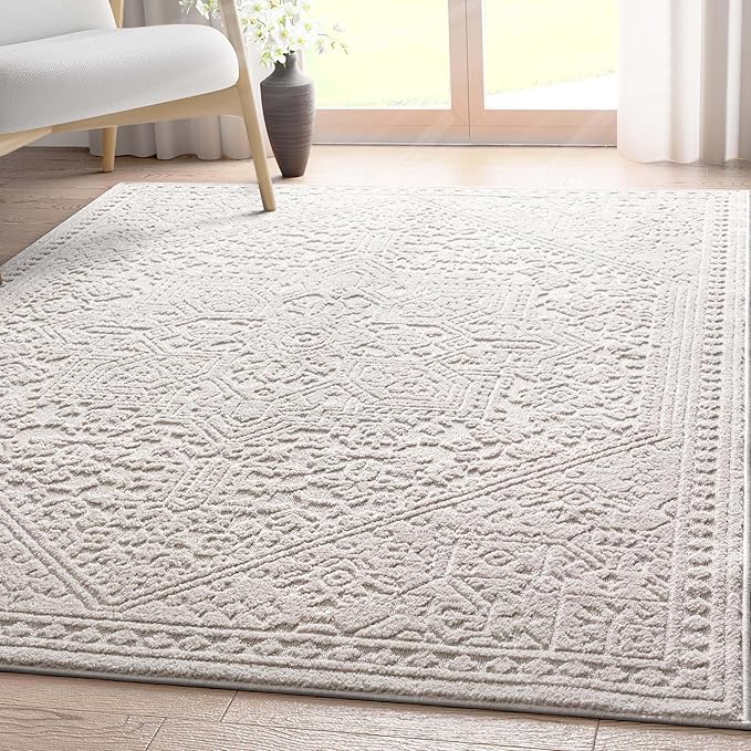 Well Woven Harlow Collection Cloud Medallion Ivory - Modern Tribal Minimalist 5x7 Area Rug - Ideal for Living Room, Dining Room & Bedroom - Durable, Stain Resistant & Easy to Clean