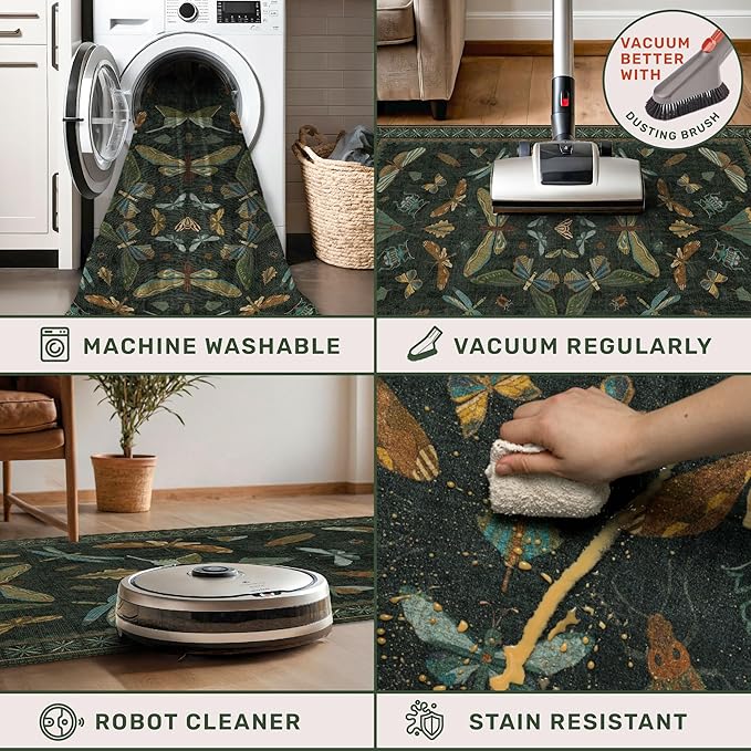 3x8 Dark Green Long Hallway Runner Rug - 8ft Washable Non Skid Wide Runner Rugs for Kitchen, Entrance, Boho Insect Indoor Décor, Low Pile & Soft Stain Resistant Carpet