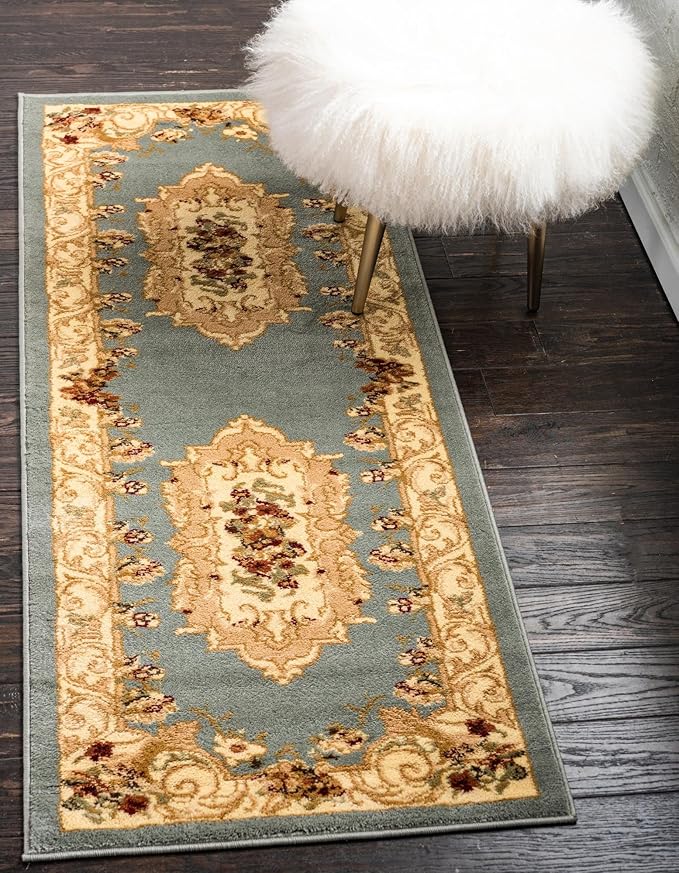 Rugs.com Chateau Collection Rug – 2' x 5' 3 Runner Light Blue Medium Rug Perfect for Hallways, Entryways