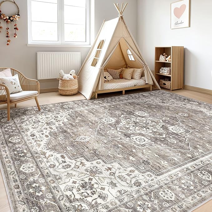8x10 Area Rugs Living Room: Washable Boho Large Neutral Vintage Soft Rug Stain Resistant Farmhouse Non-Slip Indoor Rustic Floor Carpet for Bedroom Nursery Kids Playroom Office Dining Room- Dark Brown