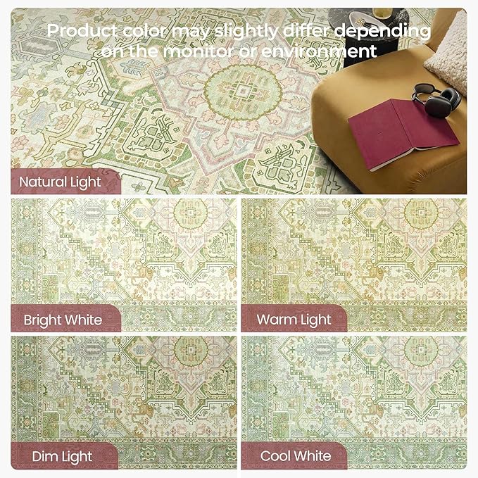 Kokia 6x9 Washable Sage Green Area Rugs with Vintage Orient Design Soft Rug for Living Room or Home Office Non-Slip Low Pile Stain Resistance Features Distressed Medallion Pattern