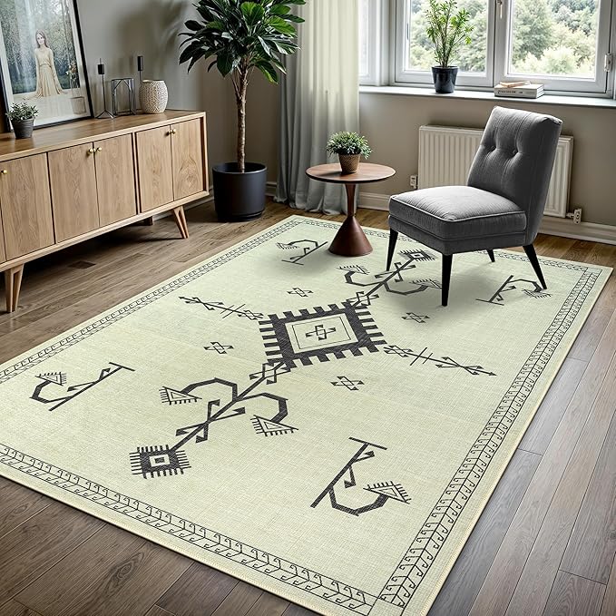 GLN Rugs Contemporary Collection - Machine Washable Area Rug, Contemporary Washable, Non Slip, Low Pile Chenille Rug, Living Room, Bedroom, Kitchen Rug (3' x 5' Cream/Anthracite)