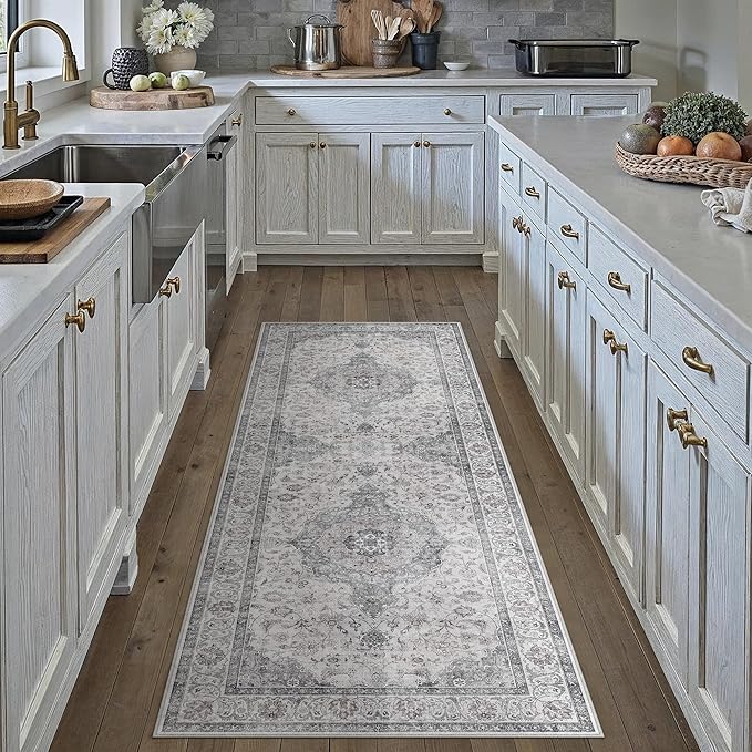 HUGEAR 2x6 Runner Rug Hallway Vintage Grey Machine Washable Neutral Floral Low Pile Carpet Vacuumable Thin Long Throw Rug Bedroom Office Bathroom Kitchen Laundry Non Slip Soft Lightweight