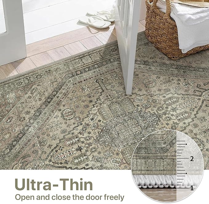 Bavni Kitchen Rug 2x7 Runner Rugs for Hallways Entryway, Washable Vintage Print Carpet, Ultra-Thin Chenille Low Pile Lightweight Rug with Non Slip Backing, Tan
