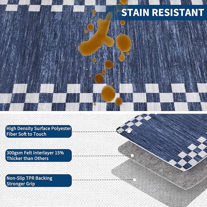 GarveeHome Hallway Runner Rug 2x6 Non Slip Scalloped Washable Rug for Kitchen Entry Stain Resistant Modern Border Throw Floor Carpet Long Runner Mat for Bathroom Living Room Bedside, Blue