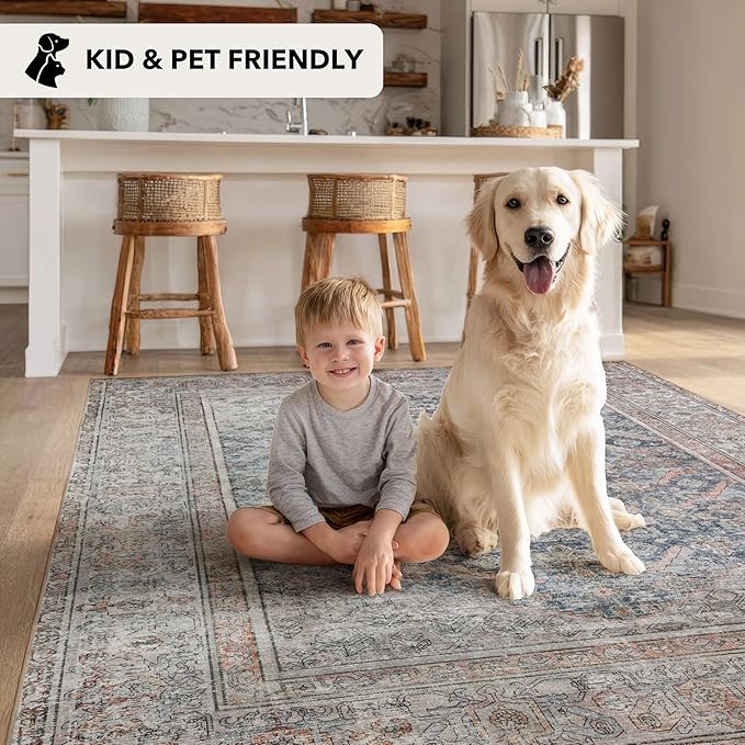 Kuden 8x10 Large Area Rug, Machine Washable Area Rug with Non-Slip Backing, Vintage Style, Soft, Easy Clean, Low Pile Rug for Living Room, Bedroom, Dining Room