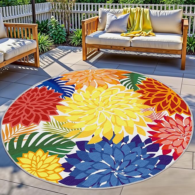 Colorful 6FT Outdoor Round Area Rug Washable Rugs Multicolored Patio Rug Tropical Botanical Floral Chenille Waterproof Outdoor Carpet for RV, Pool Deck, Backyard, Porch, Rainbow